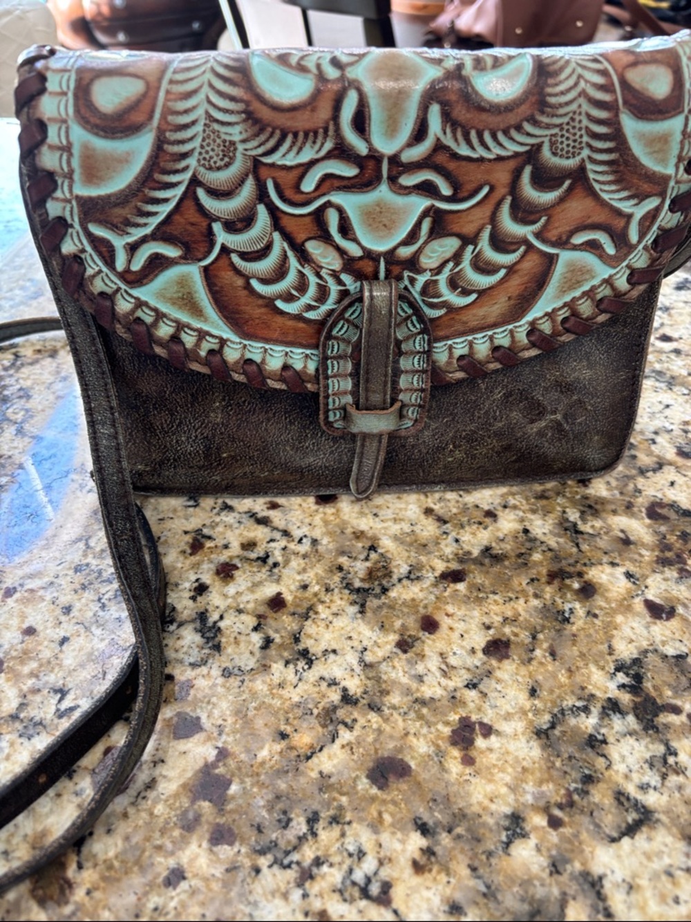 Patricia Nash Turquoise and Brown Tooled Leather Crossbody